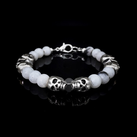 Handmade Other - 💀Silver Skull Labradorite & Hematite Men’s Beaded Bracelet Handmade Jewelry 8mm